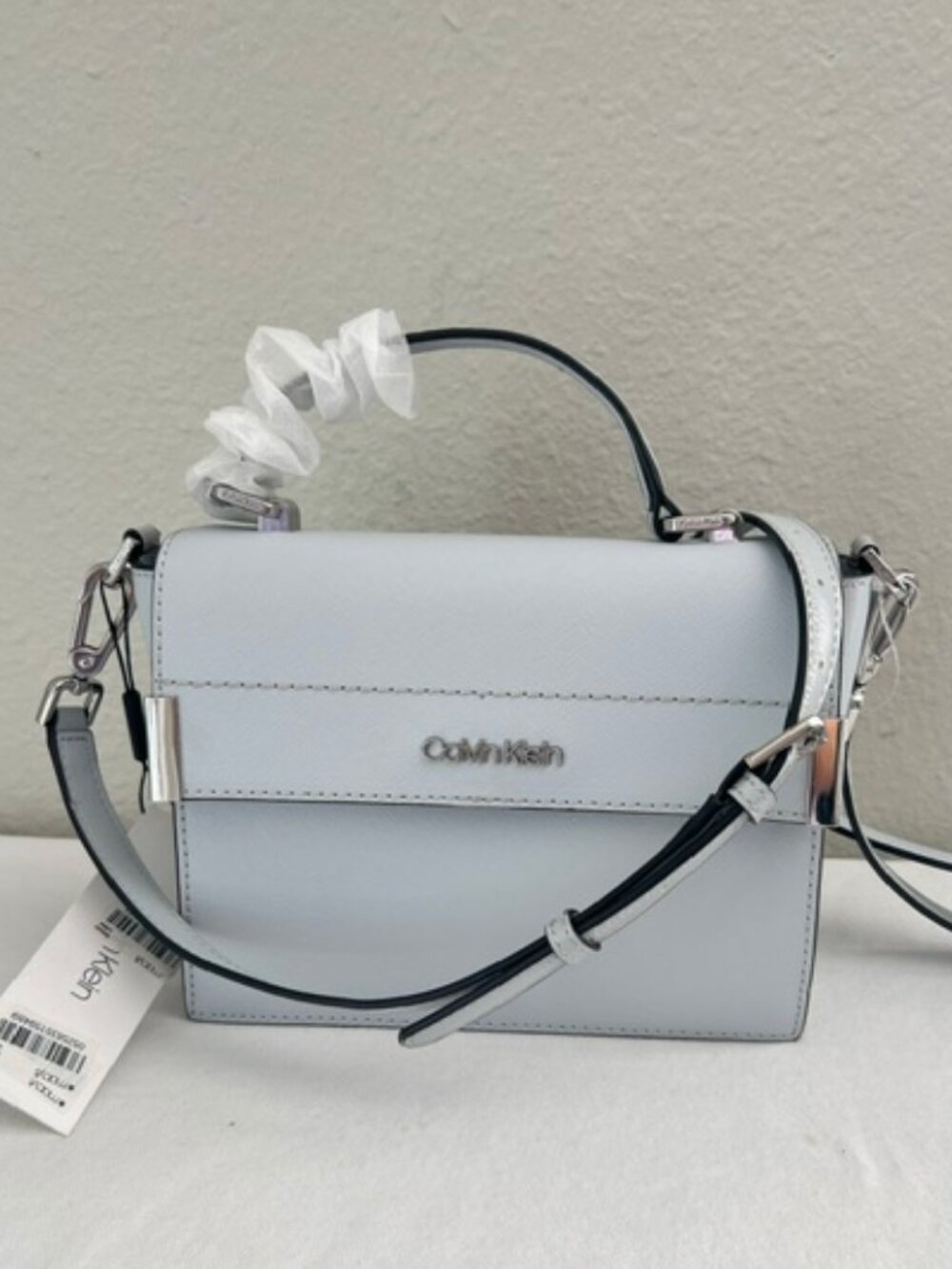 Calvin Klein Pale Blue Saffiano Leather Crossbody Bag, Silver Hardware, NWT!